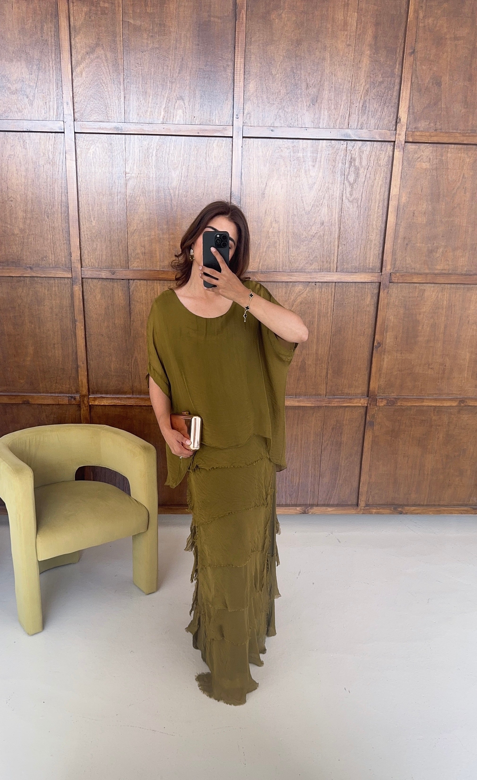 Lime chiffon dress with ruffle- jesna - 2