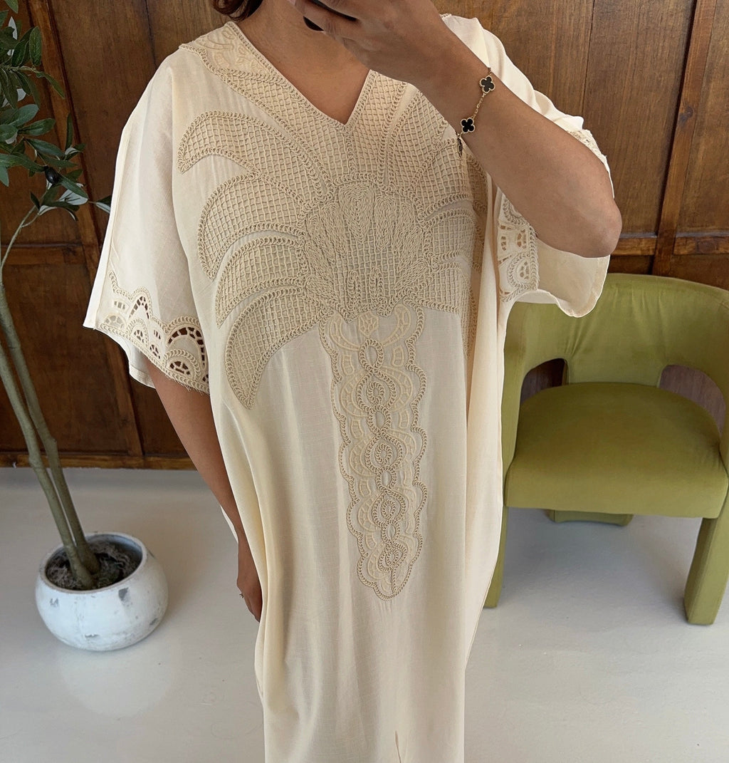 CAFTAN COTON MÉLANGE BRODÉ CRÈME - ADINA