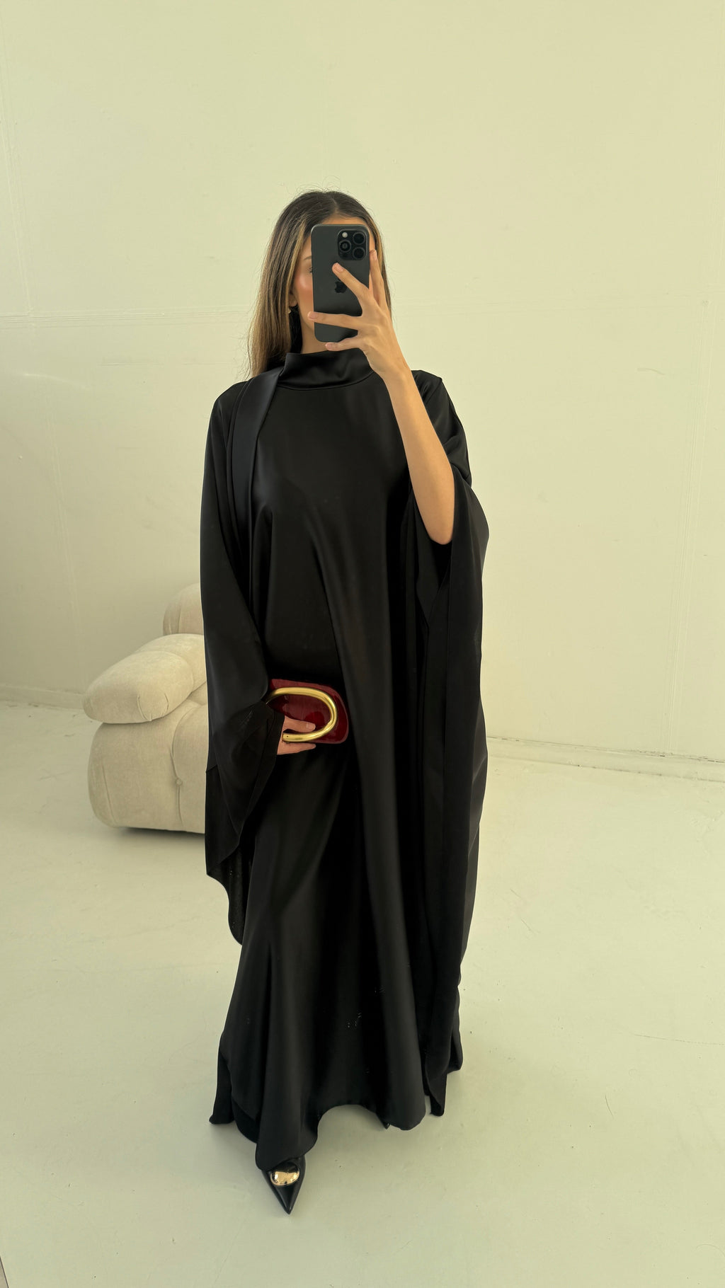 ROBE COL MONTANT LONG NOIR AVEC COL FOULARD - LAYA