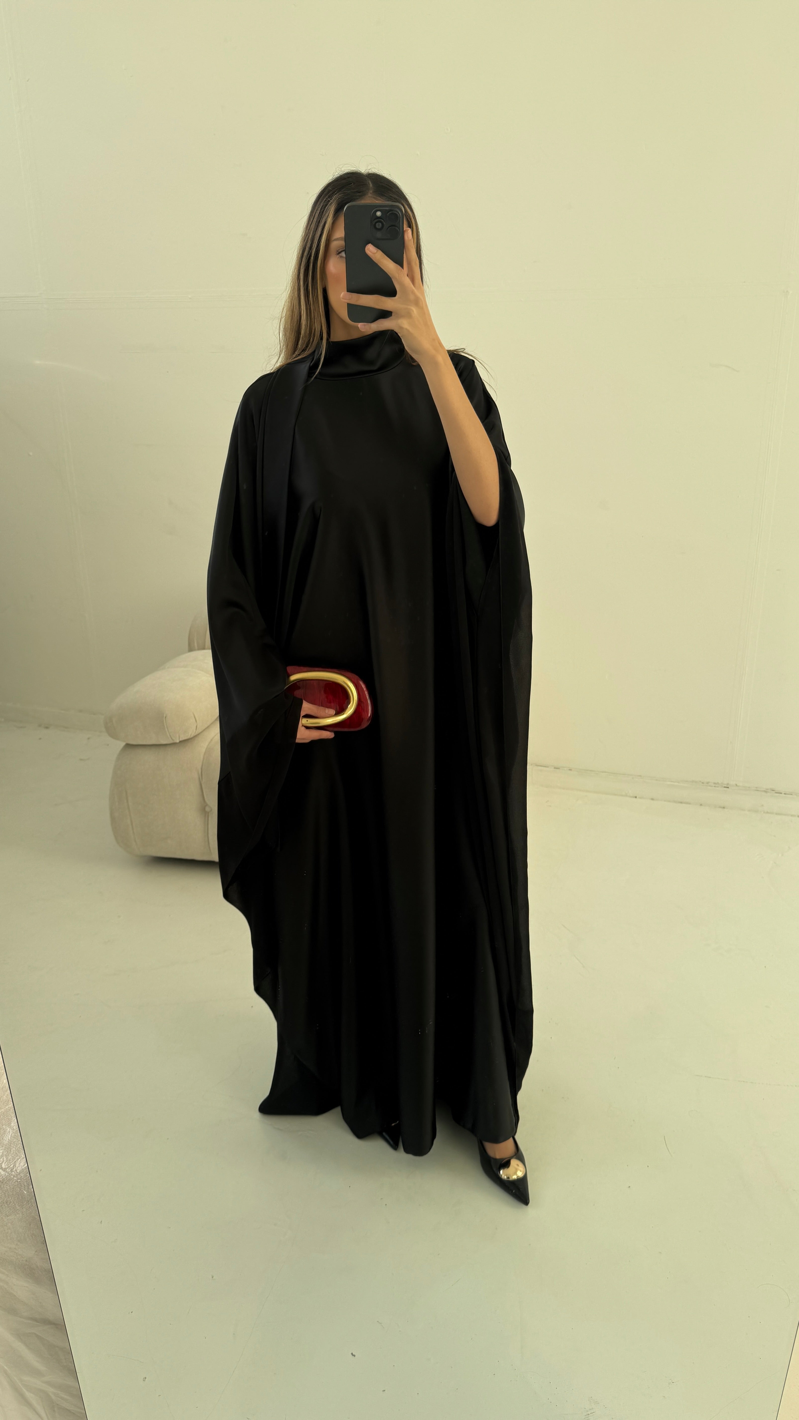 ROBE COL MONTANT LONG NOIR AVEC COL FOULARD - LAYA