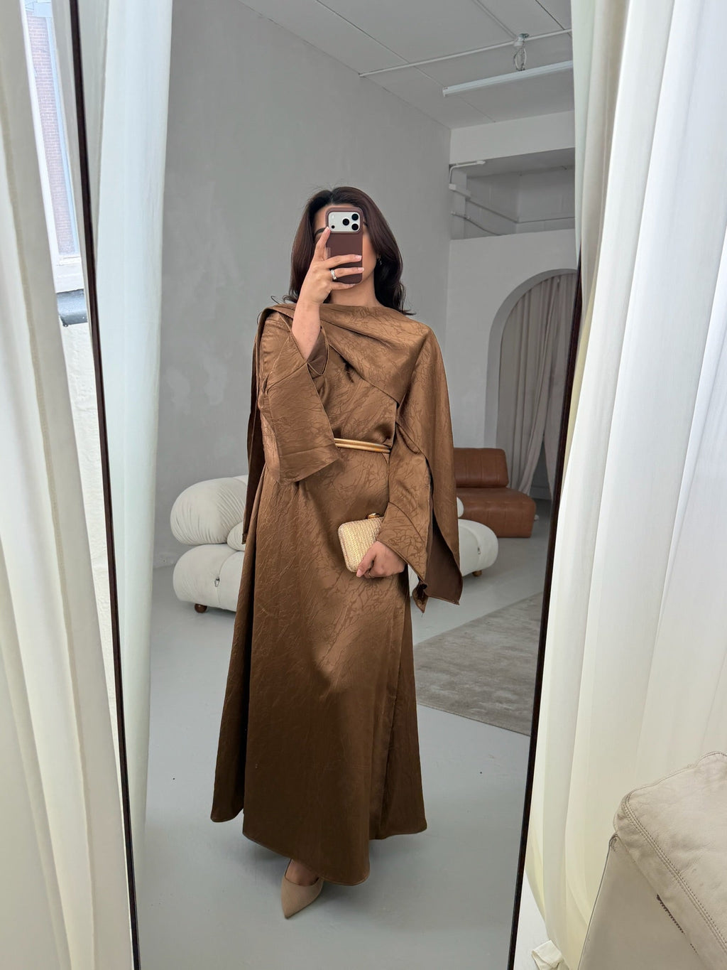 DORÉ MARRON FOULARD ROBE AVEC POCHES - LUMERA