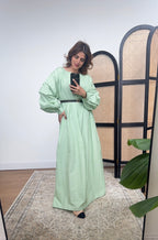 PISTACHIO MANCHES LONGUES COTON PLISSÉ ROBE - NIRA