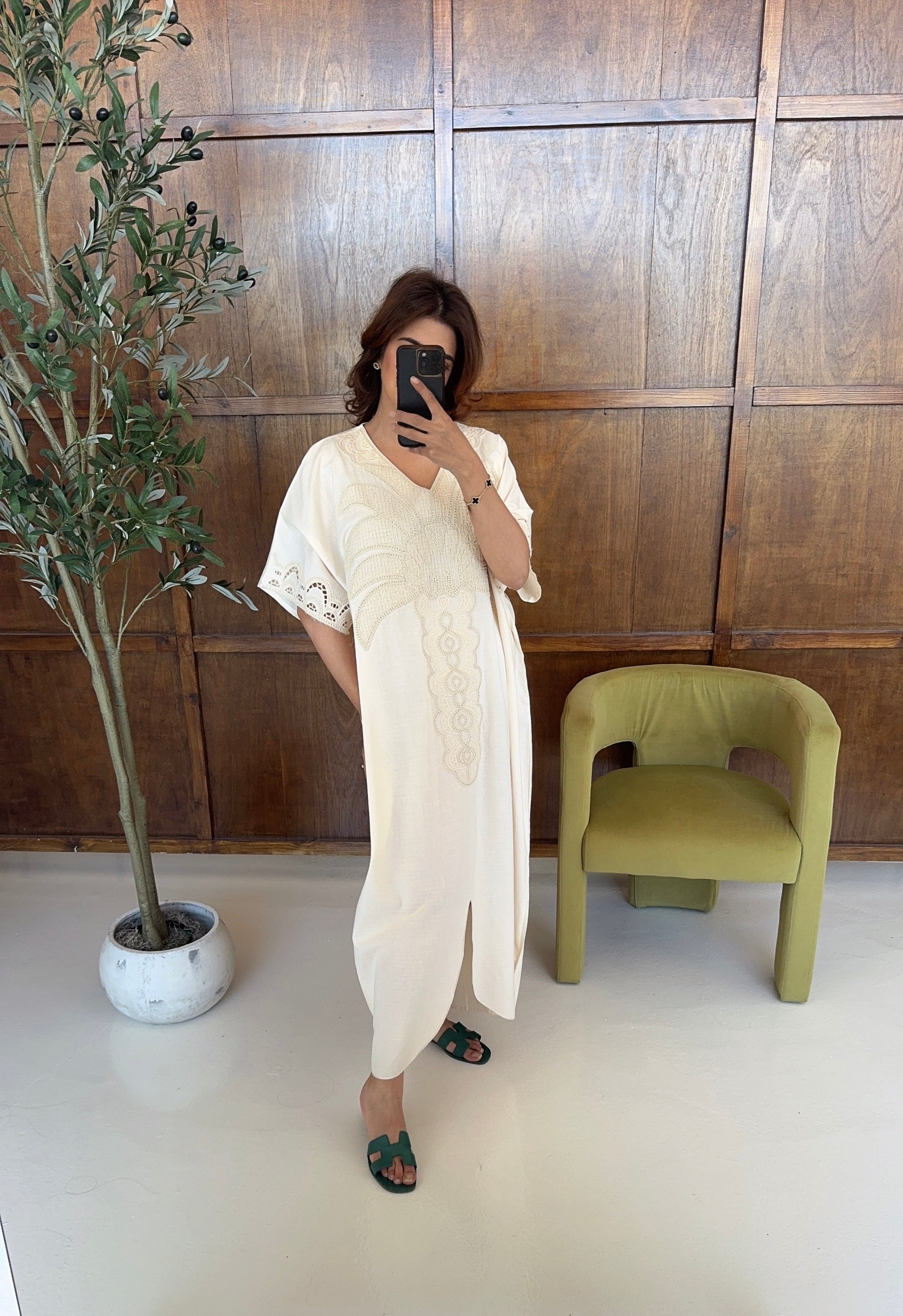 CAFTAN COTON MÉLANGE BRODÉ CRÈME - ADINA
