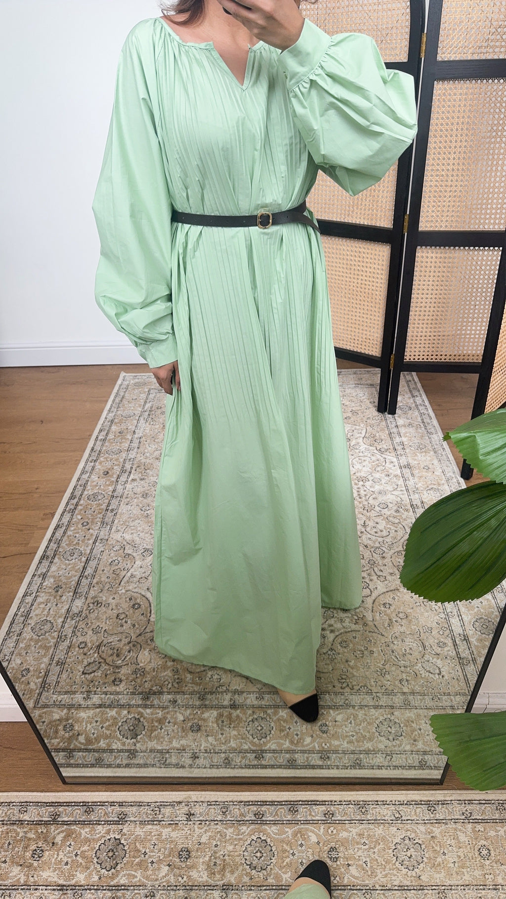 PISTACHIO MANCHES LONGUES COTON PLISSÉ ROBE - NIRA