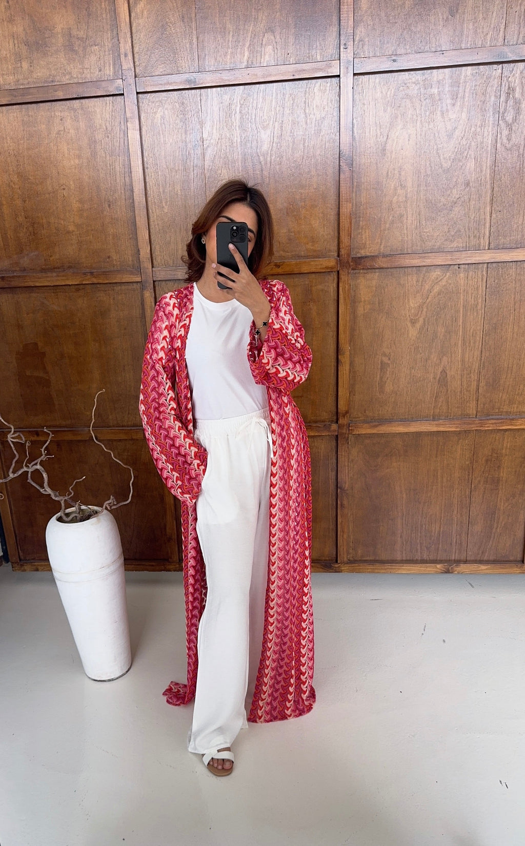KIMONO ZIGZAG CROCHET ROSE AVEC CEINTURE - SAHI