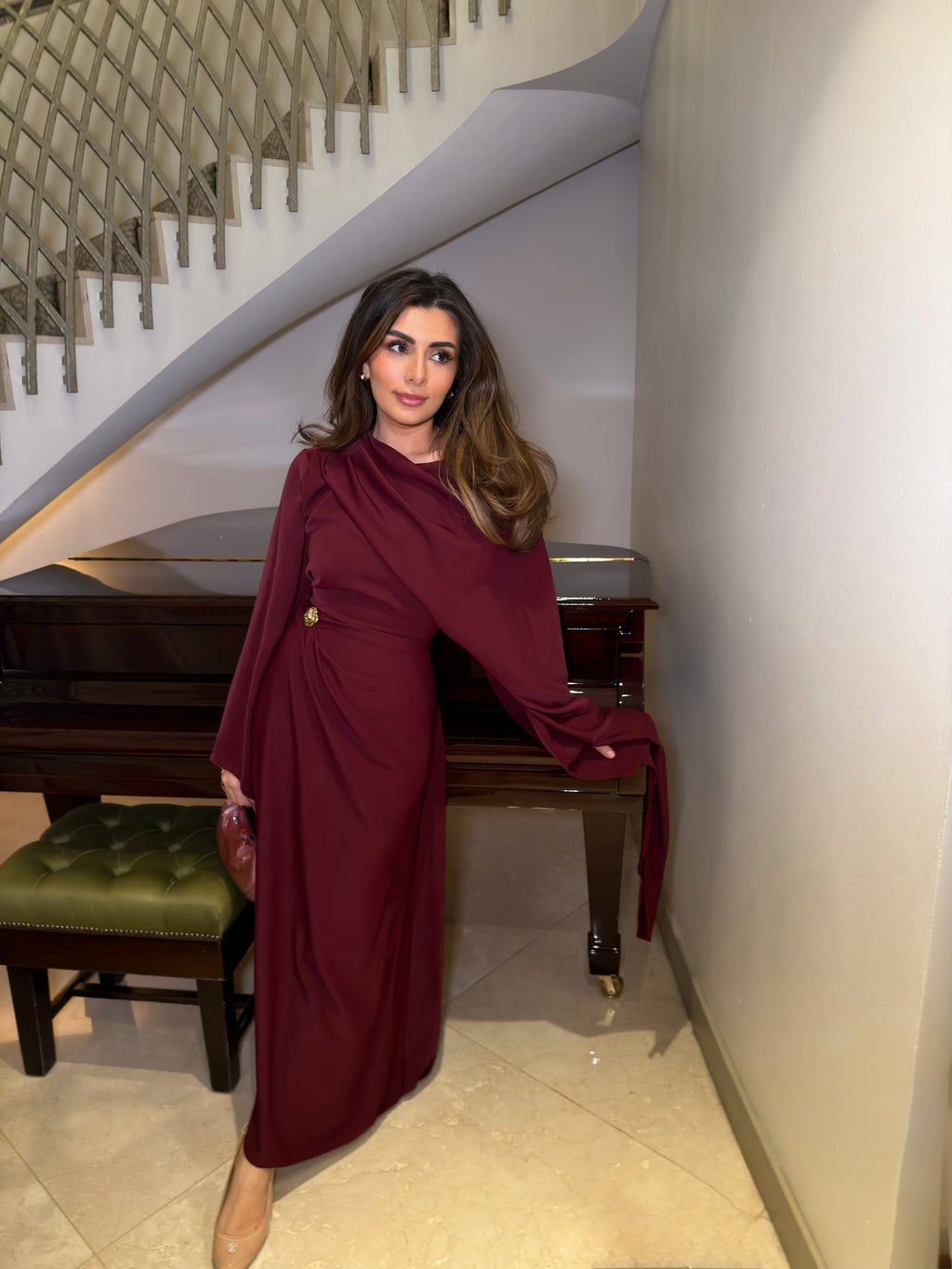 ROBE BORDEAUX AVEC DRAPÉ FOULARD - ZARIA